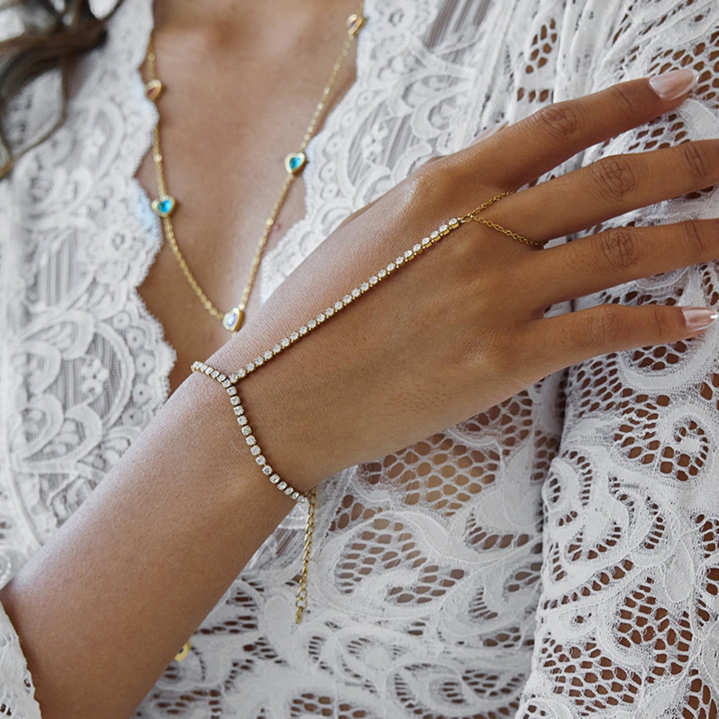 Crystal Chain Hand Bracelet – 18K Gold Stainless Steel Slave Bracelet