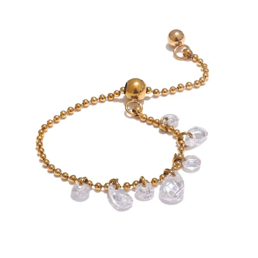 Crystal Charm Beaded Adjustable Ring with a gold-plated beaded design and dangling crystal charms.