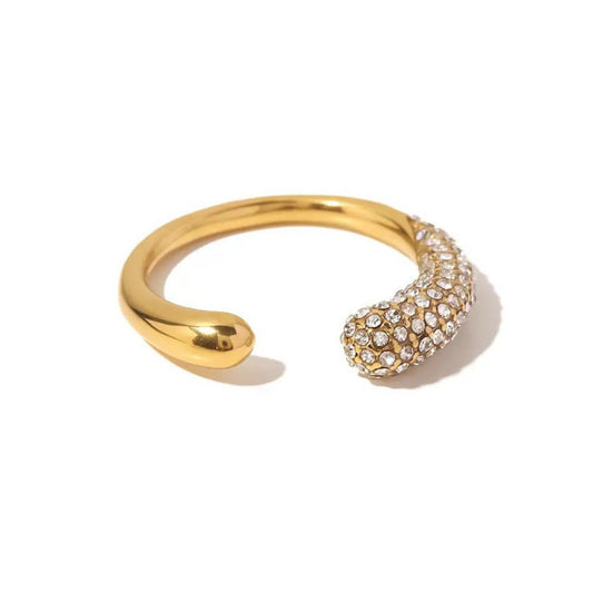 Crystal Curve Adjustable Ring with a sleek gold-plated curve and sparkling crystal accents.