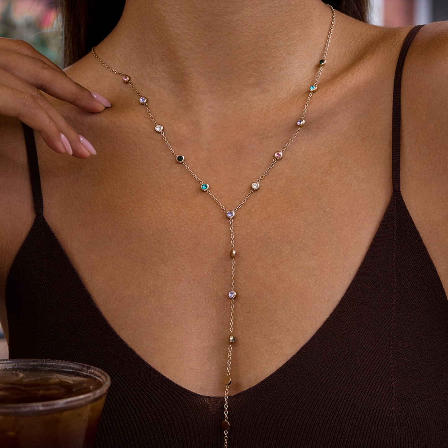 Crystal Drops Y-Necklace – 18K Gold Stainless Steel