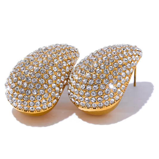 Crystal Embellished Gold Teardrop Earrings with faceted crystals set in 18K PVD gold plating.