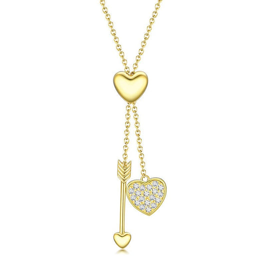 Cupid’s Embrace Necklace with a gold-plated heart pendant and dangling zircon heart with a love arrow.