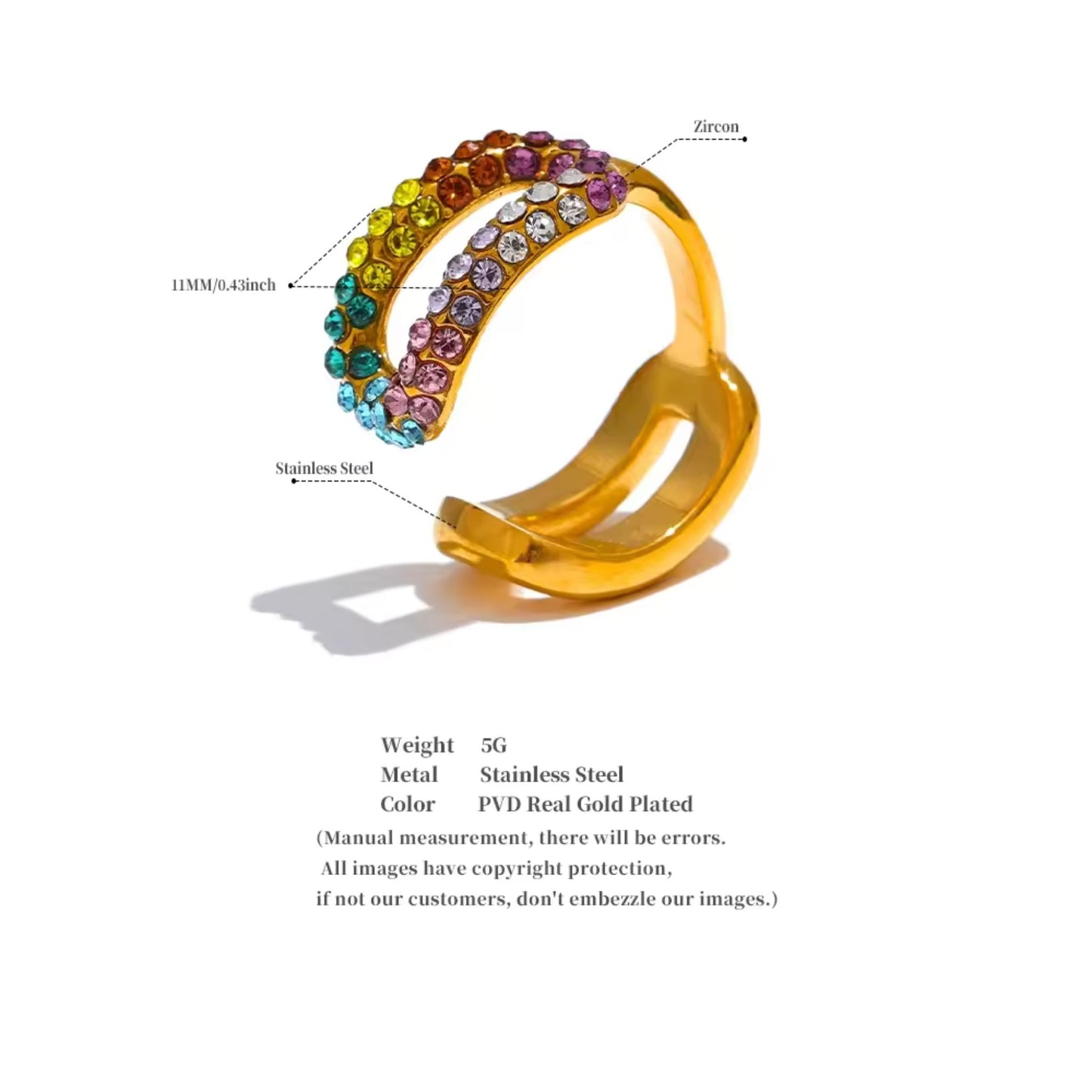 Details for the Dazzling Twist Multicolor Crystal Ring Set featuring gold-plated ring with multicolored crystals.