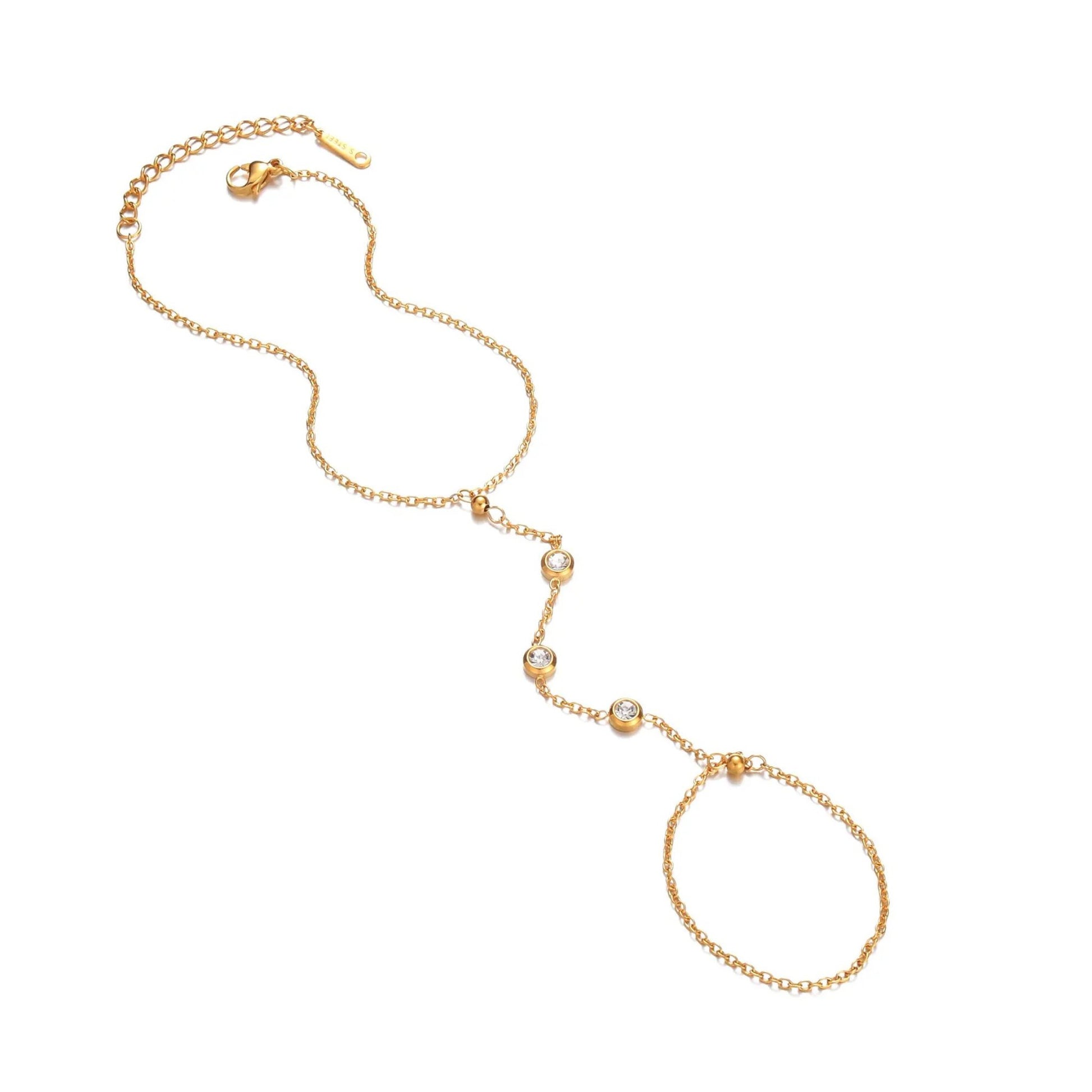 Delicate Crystal Hand Chain Bracelet crafted with 18K gold-plated stainless steel and crystal accents.