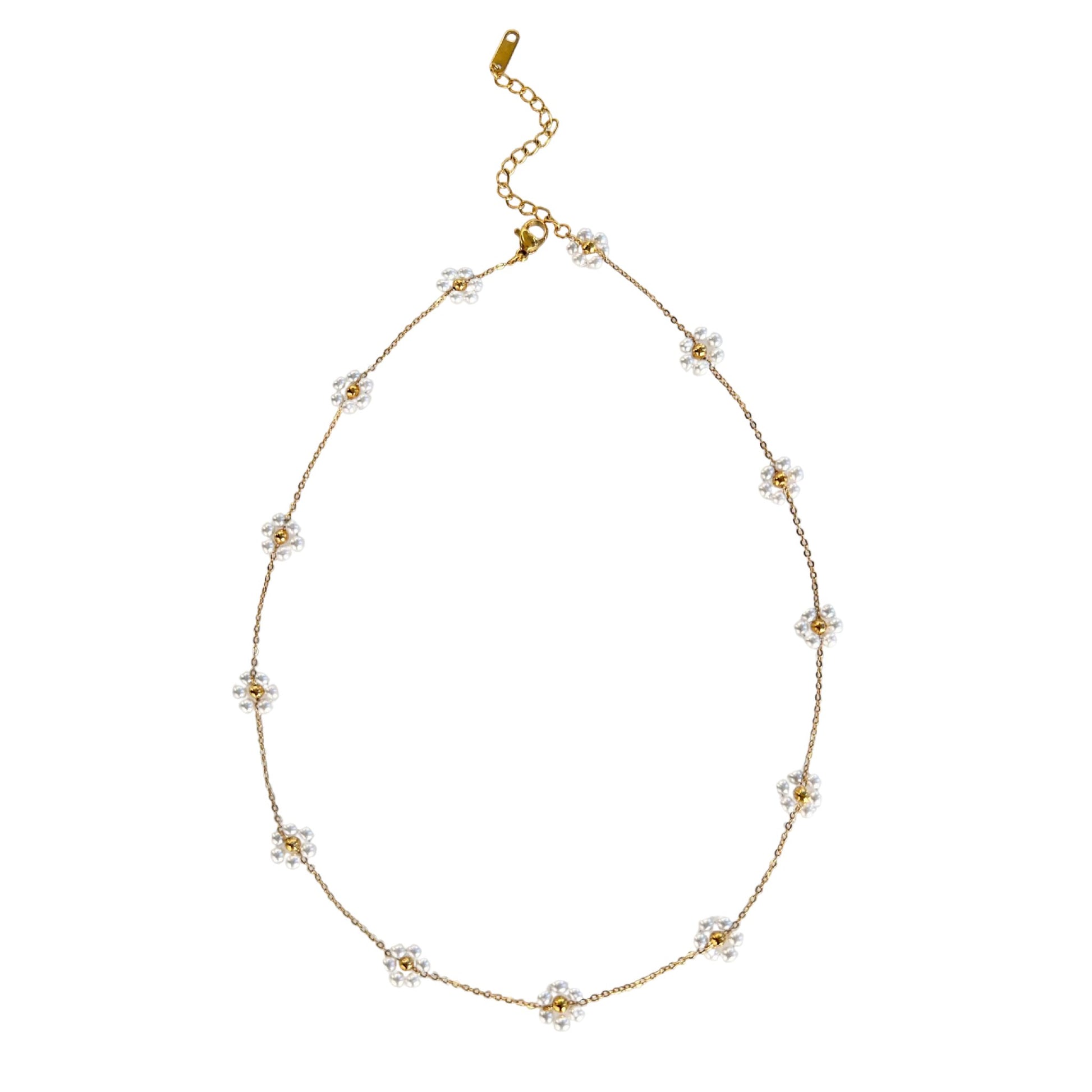 Delicate Daisy Pearl Necklace with 18K gold-plated chain and daisy-shaped pearl clusters.