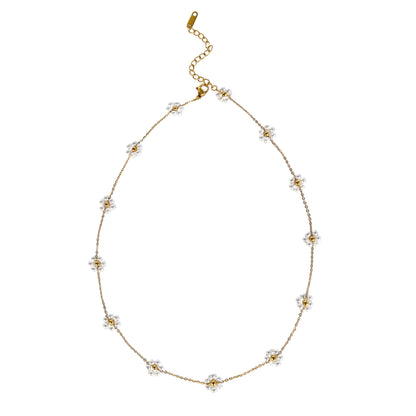 Delicate Daisy Pearl Necklace with 18K gold-plated chain and daisy-shaped pearl clusters.