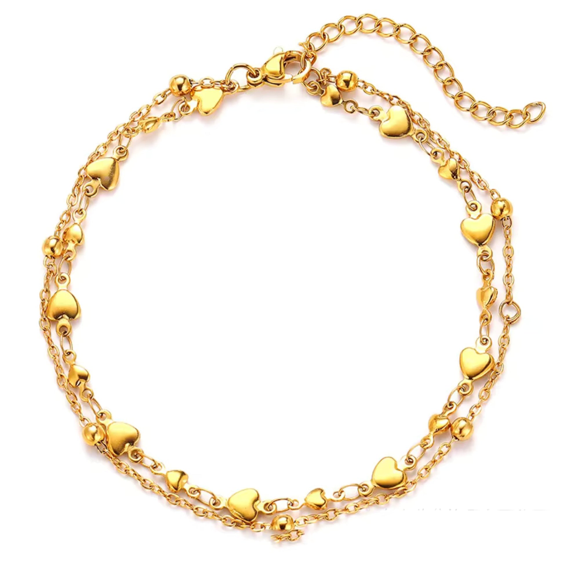 Double Chain Heart Charm Anklet in gold-plated stainless steel with heart accents and delicate beads.