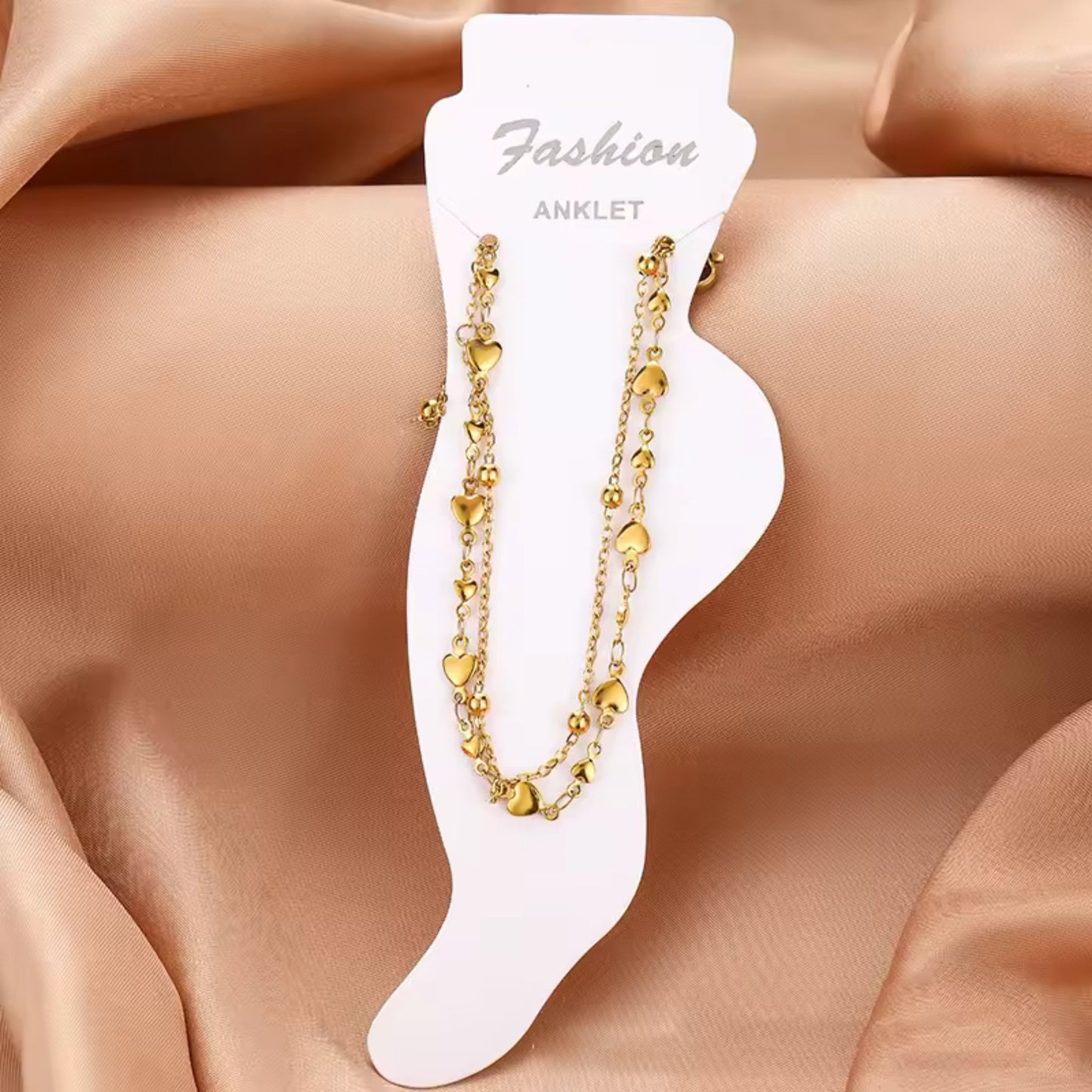 Adjustable Double Chain Heart Charm Anklet with lobster clasp for a secure and comfortable fit.