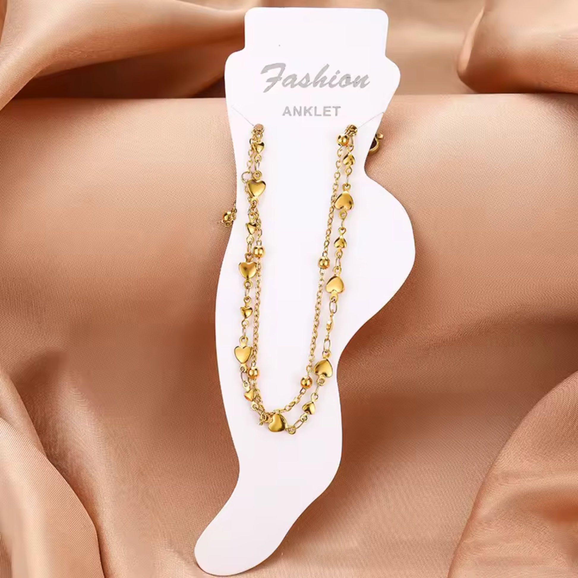 Adjustable Double Chain Heart Charm Anklet with lobster clasp for a secure and comfortable fit.