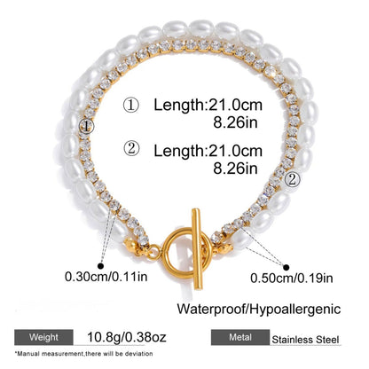 Double Row Pearl & Crystal Bracelet – 18K Gold Stainless Steel Toggle Clasp