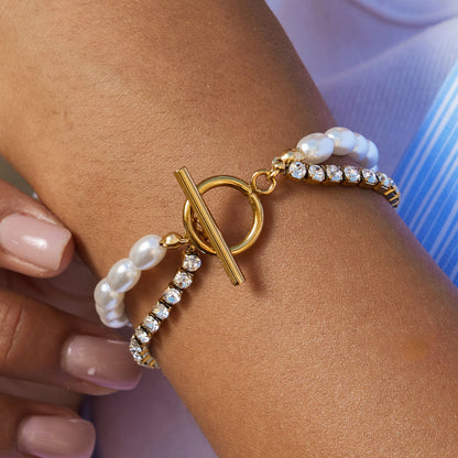 Double Row Pearl & Crystal Bracelet – 18K Gold Stainless Steel Toggle Clasp