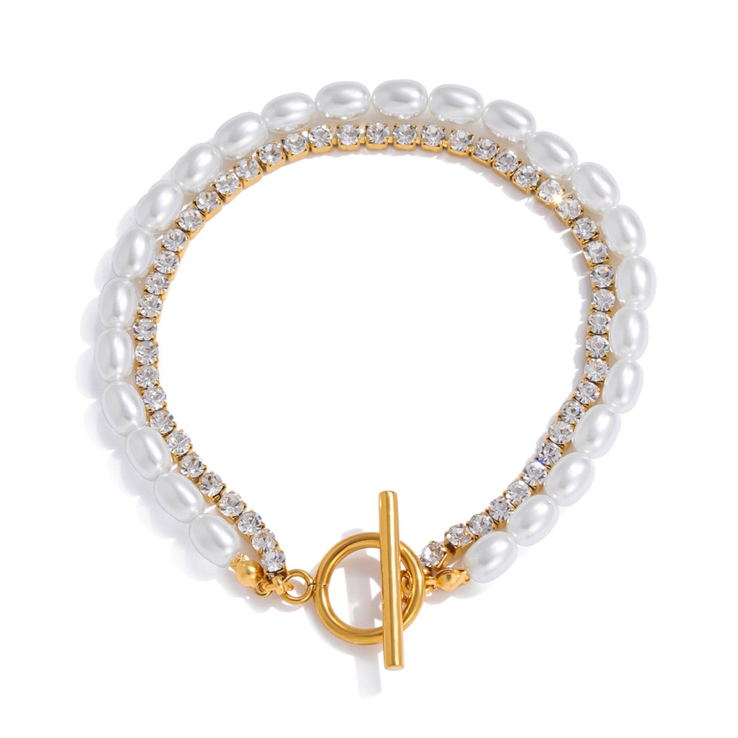 Double Row Pearl & Crystal Bracelet – 18K Gold Stainless Steel Toggle Clasp