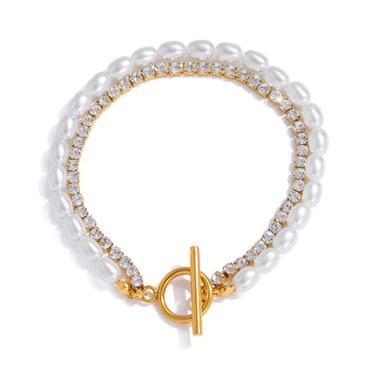 Double Row Pearl & Crystal Bracelet – 18K Gold Stainless Steel Toggle Clasp