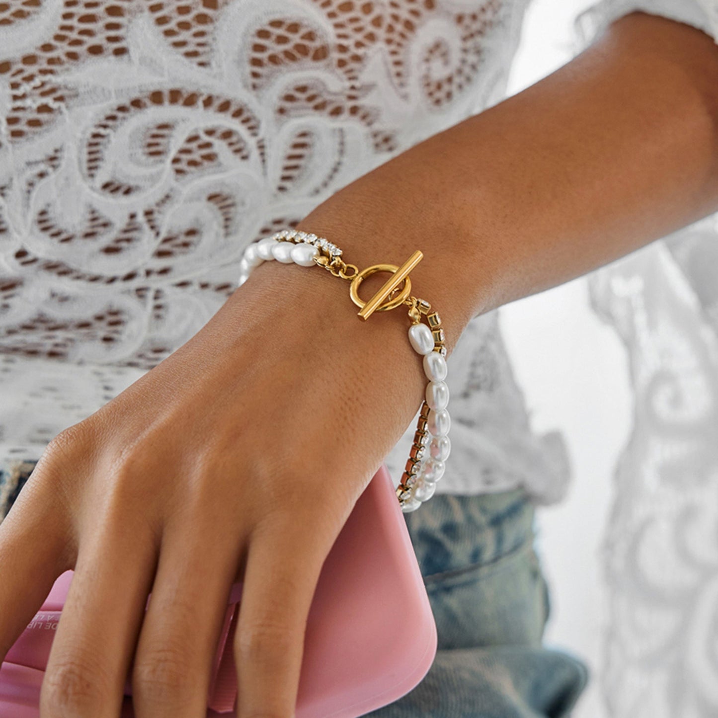 Double Row Pearl & Crystal Bracelet – 18K Gold Stainless Steel Toggle Clasp