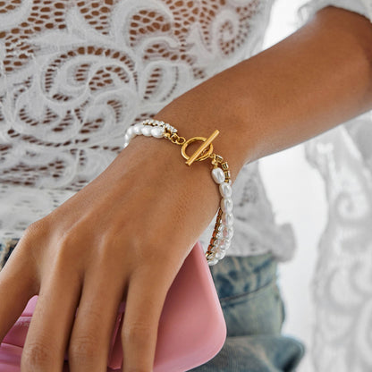 Double Row Pearl & Crystal Bracelet – 18K Gold Stainless Steel Toggle Clasp