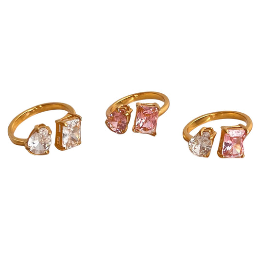 Dual Delight Adjustable Zircon Ring with square and water drop zircons in white, set on 18K gold-plated stainless steel.