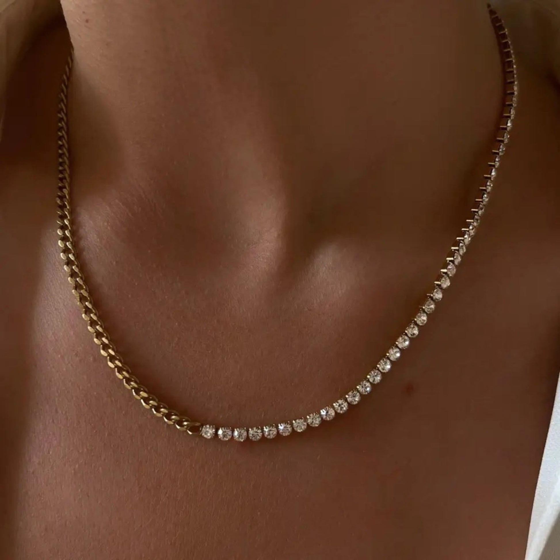 Model wearing the Dual Elegance Cuban & Tennis Chain Necklace, perfect for both casual and formal occasions.