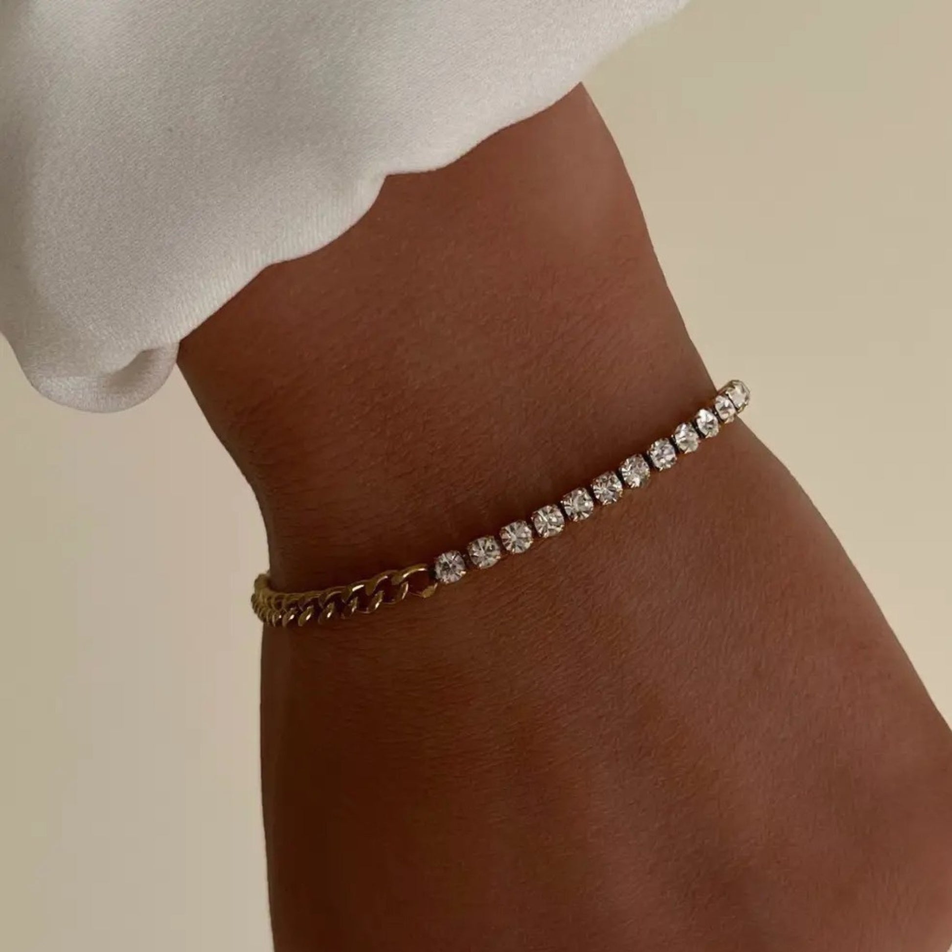 Model wearing the Dual Elegance Cuban & Tennis Chain Bracelet, perfect for both casual and formal occasions.
