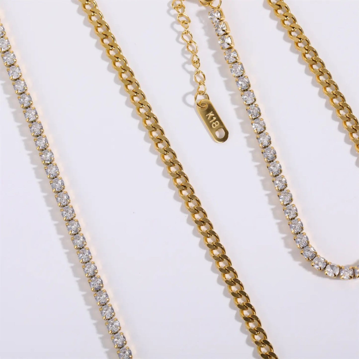 Close-up of the Dual Elegance Necklace showcasing the combination of Cuban chain and sparkling tennis chain design.