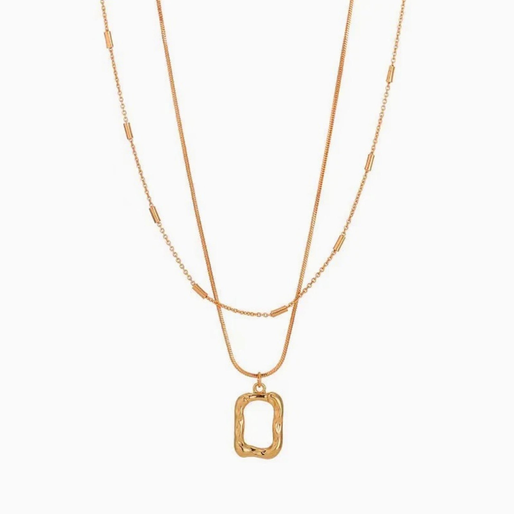 Dual Layer Irregular Pendant Necklace with 18K gold-plated twin chains and an irregular rectangular pendant.