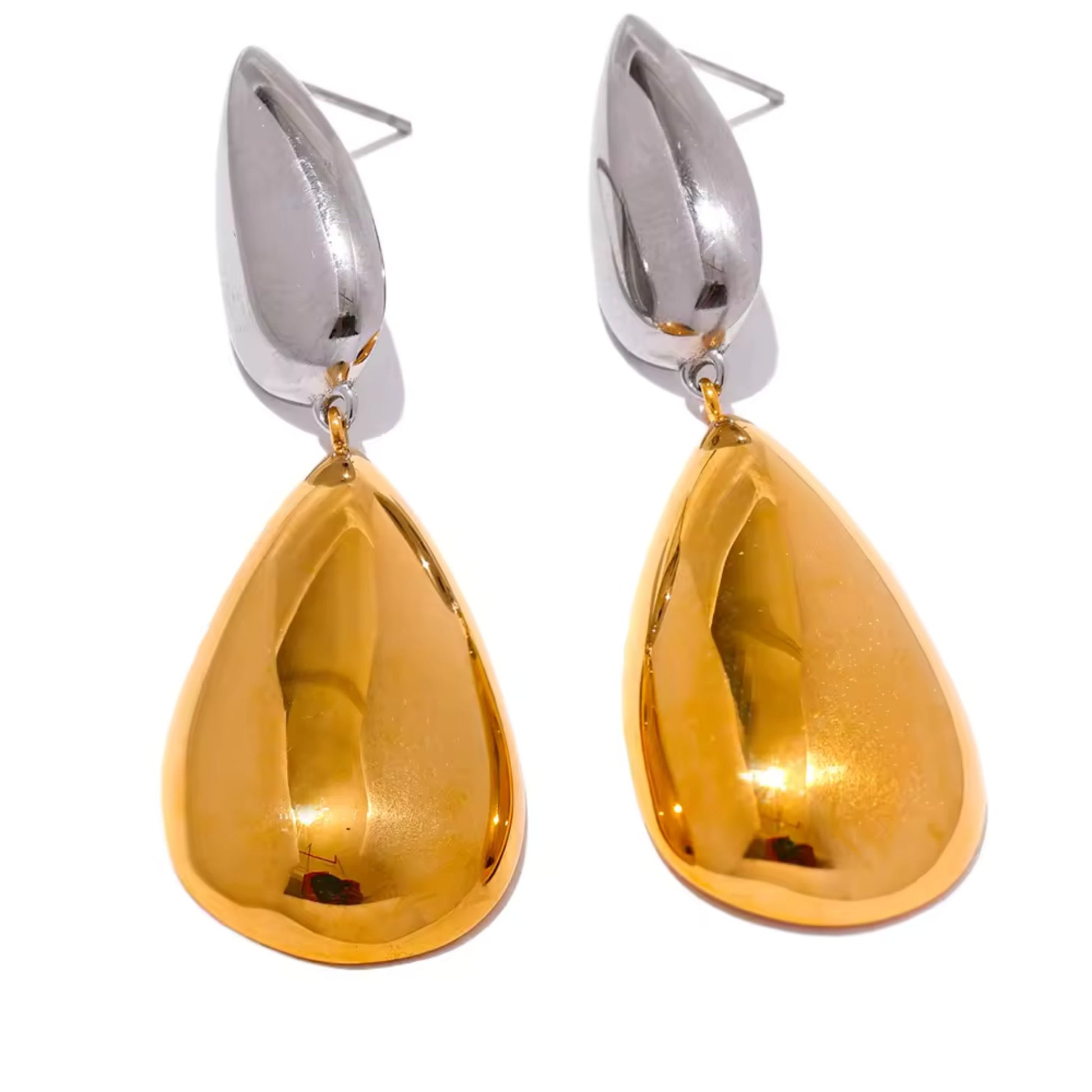 Dual-Tone Drop Earrings with silver-tone top and gold-tone teardrop design, crafted from stainless steel with 18K PVD gold plating.
