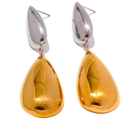 Dual-Tone Drop Earrings with silver-tone top and gold-tone teardrop design, crafted from stainless steel with 18K PVD gold plating.