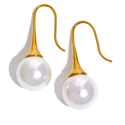 Gold-plated Elegance Pearl Drop Earrings with sleek hook design and lustrous round pearls.
