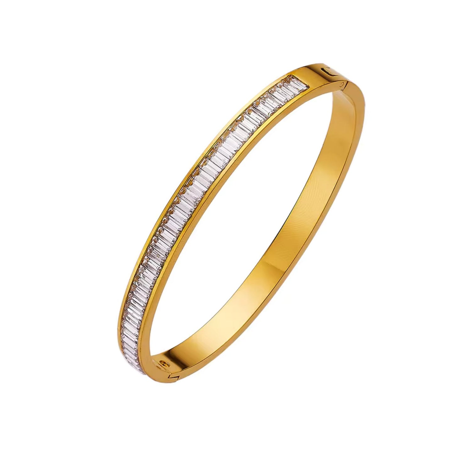 18K Gold Plated CZ Bangle Bracelet with White Cubic Zirconia stones on a stainless steel base.