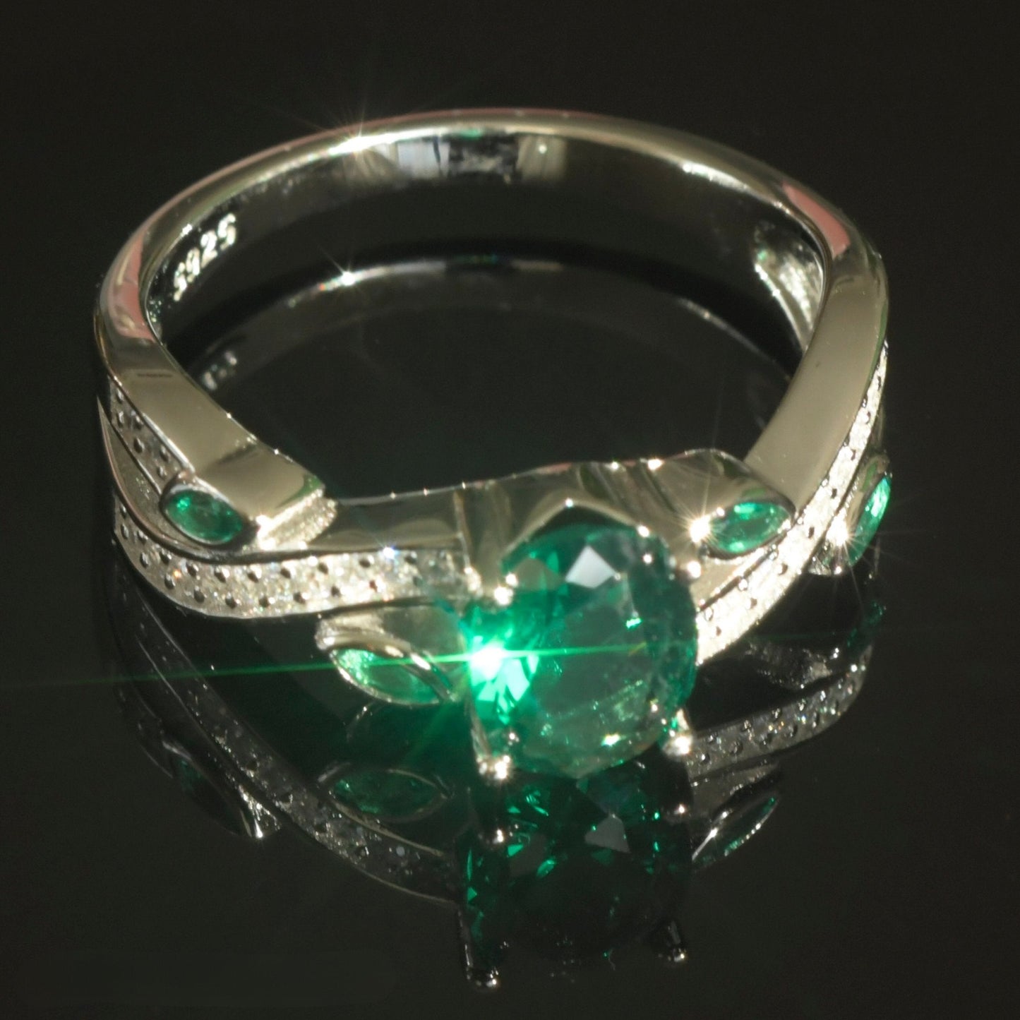 Green CZ Sterling Silver Platinum Ring with beautiful shining sparkling