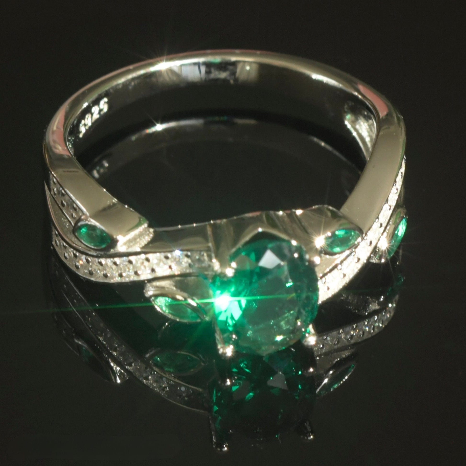 Green CZ Sterling Silver Platinum Ring with beautiful shining sparkling