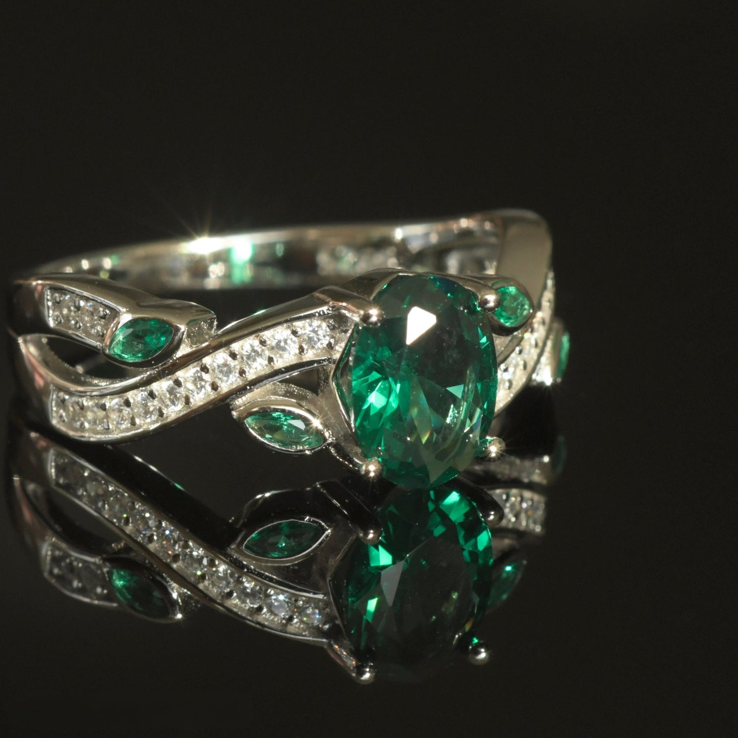 Green CZ Sterling Silver Platinum Ring styled with a formal evening outfit.