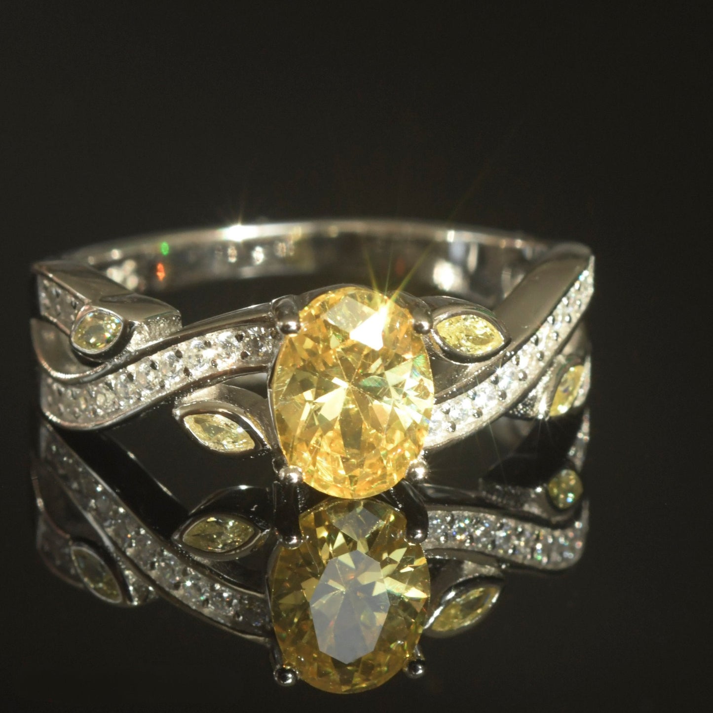 Yellow Cubic Zirconia Platinum-Plated Ring showcasing exquisite craftsmanship and vibrant hues.