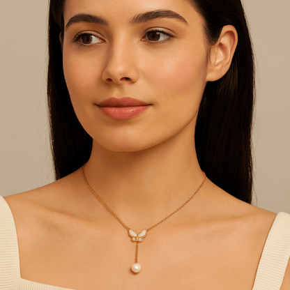Elegant Butterfly 18K Gold-Plated Necklace with Pearl Drop