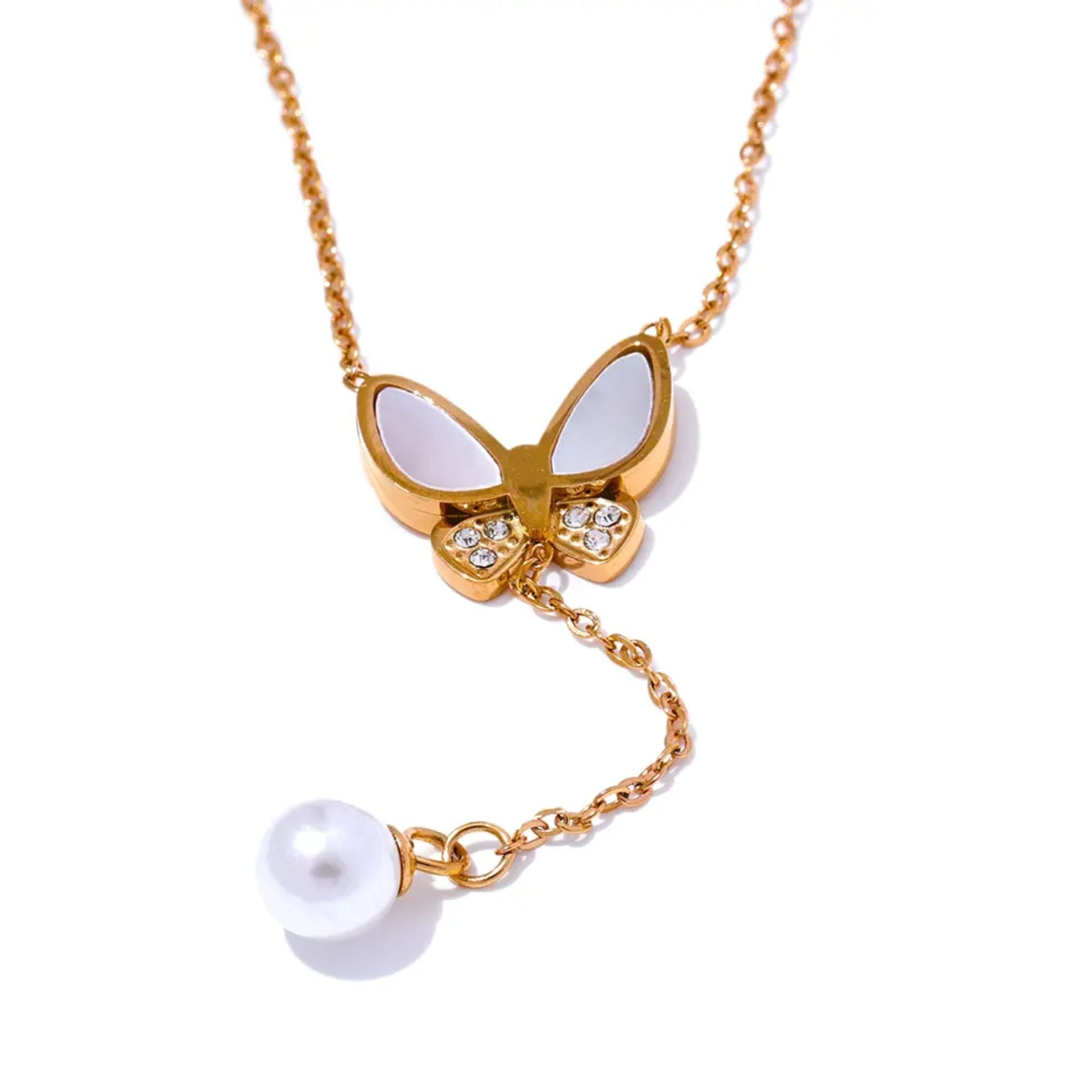 Gold-Plated Butterfly Necklace with Pearl Drop on White Background