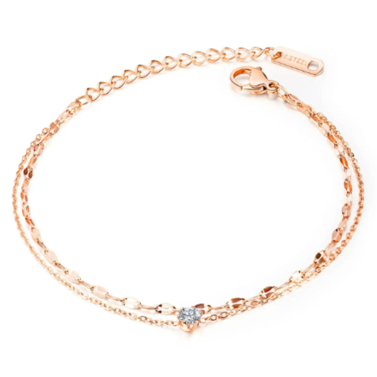 Close-up of the double-layer anklet design showcasing the sparkling zircon stone and rose gold finish.