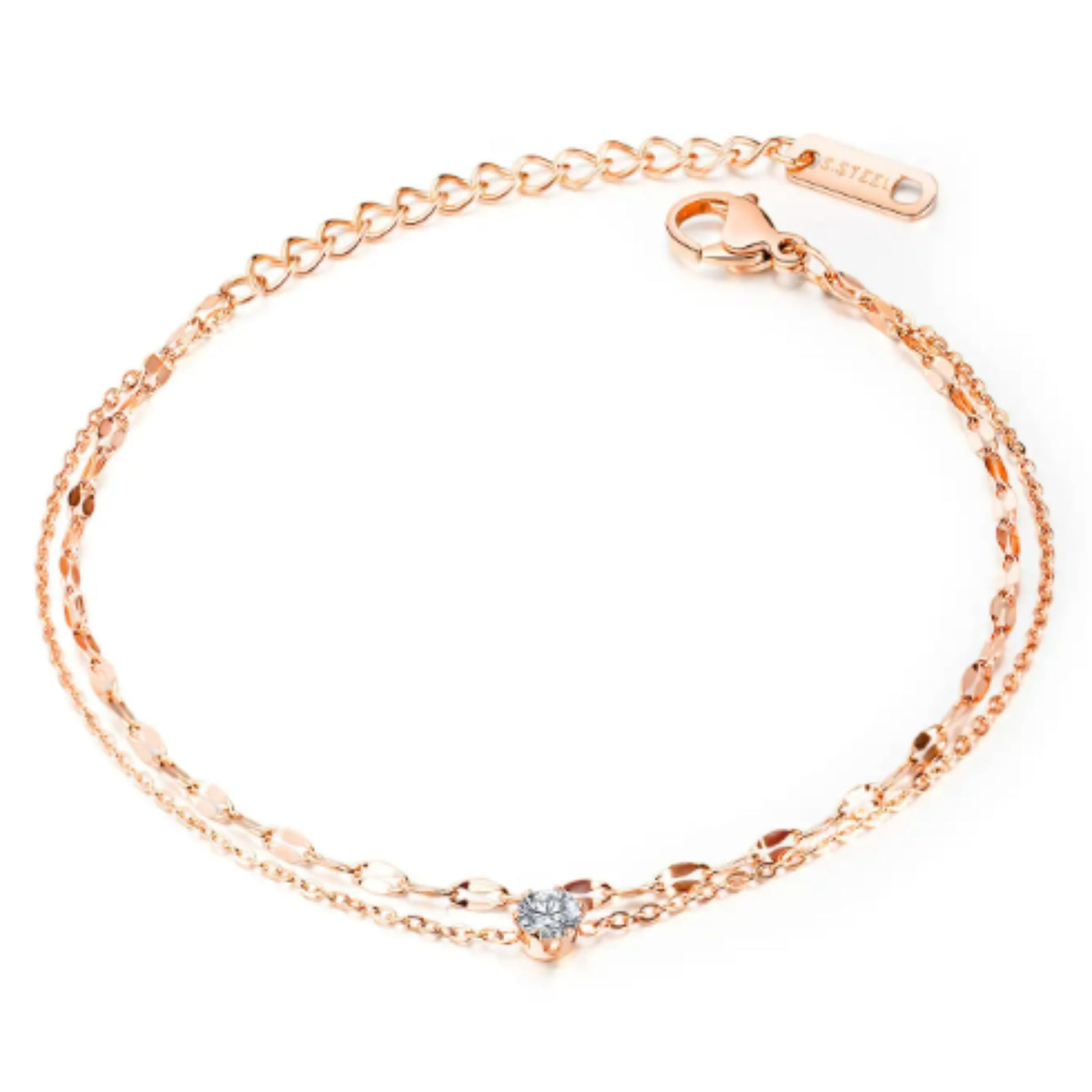 Close-up of the double-layer anklet design showcasing the sparkling zircon stone and rose gold finish.