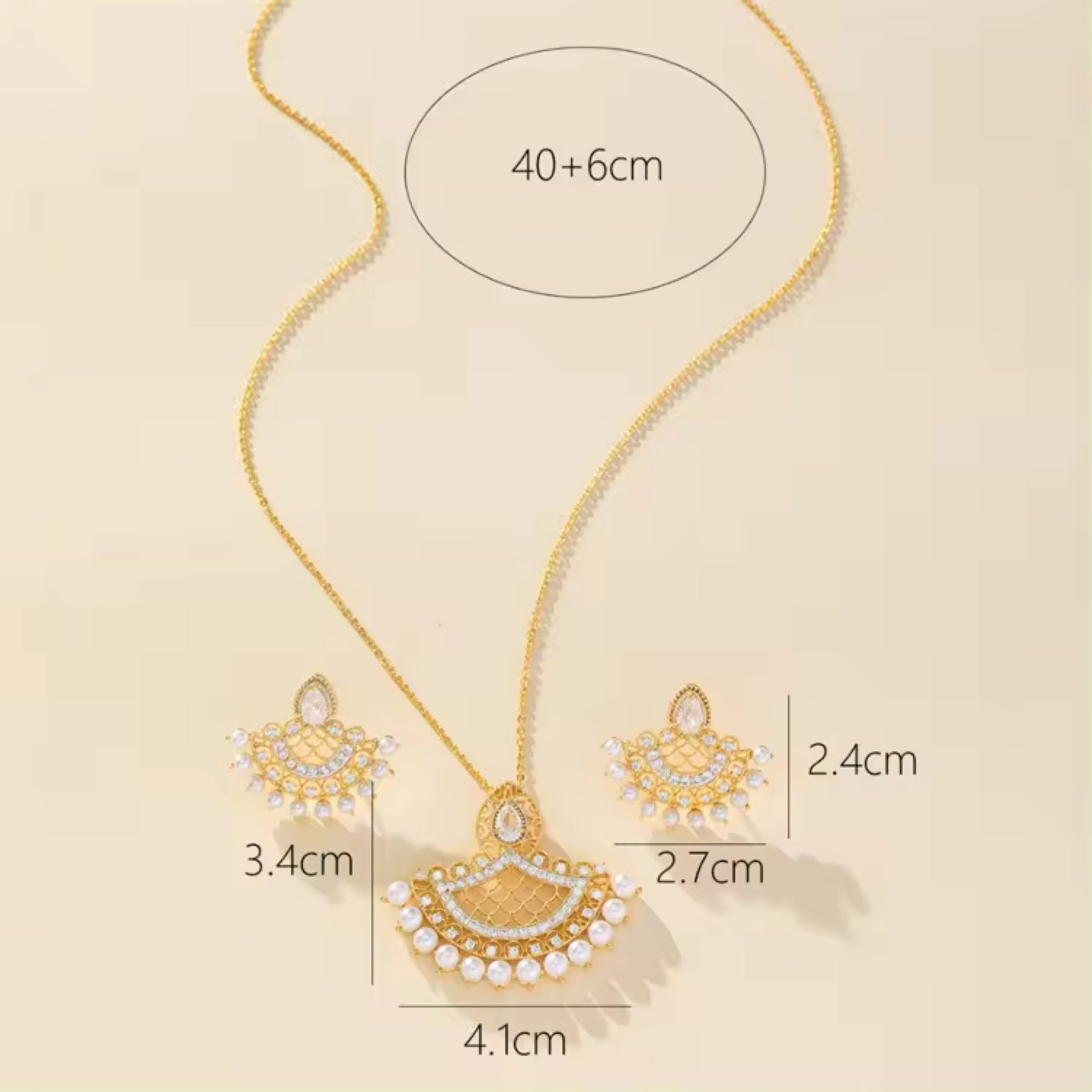 Fan-shaped pendant dimensions with pearls displayed alongside the matching earrings for size reference.