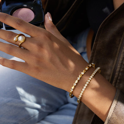 Elegant Gold Crystal Bangle & Pearl Ring Set – 18K Gold Stainless Steel