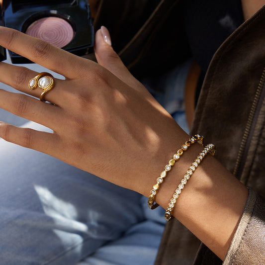 Elegant Gold Crystal Bangle & Pearl Ring Set – 18K Gold Stainless Steel