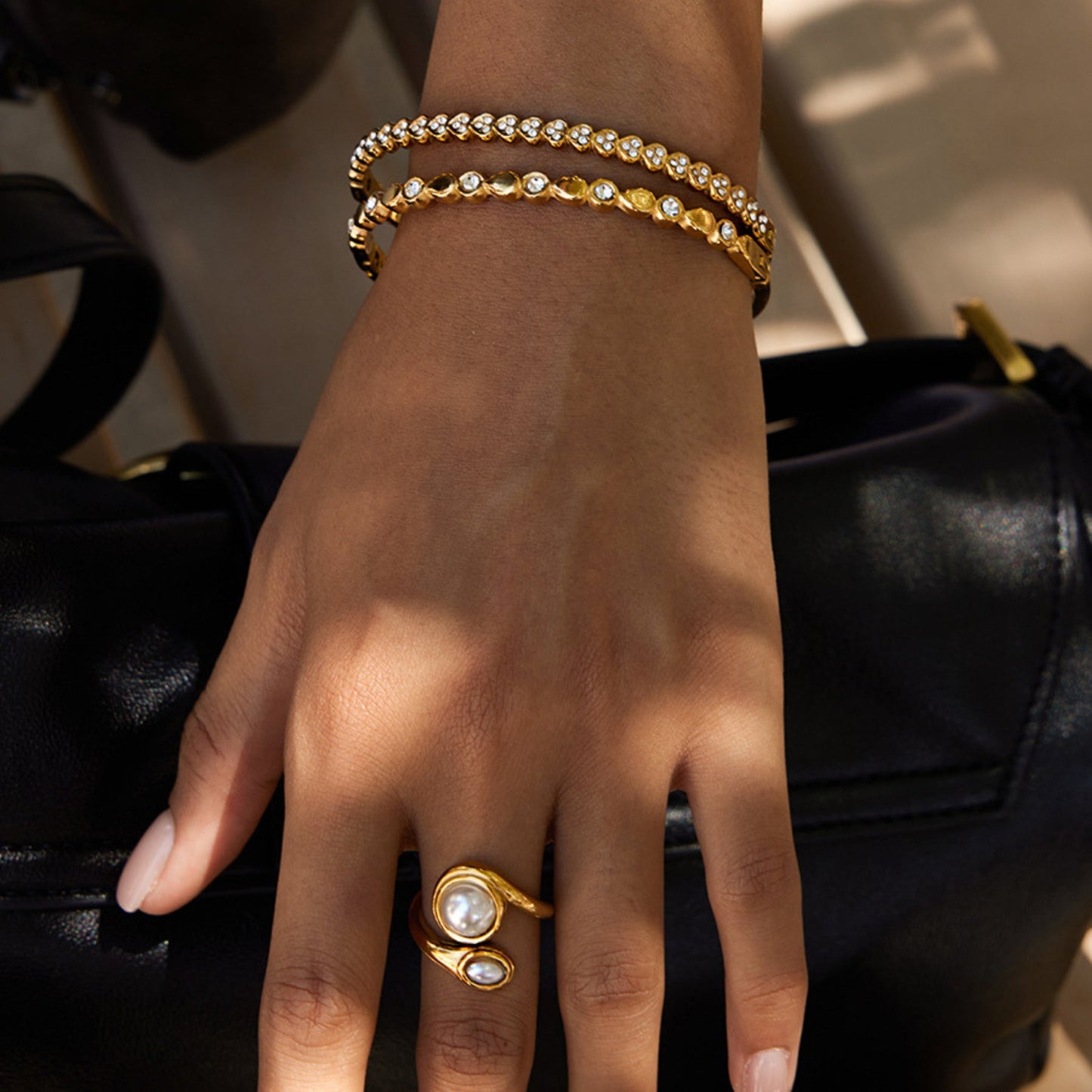 Elegant Gold Crystal Bangle & Pearl Ring Set – 18K Gold Stainless Steel