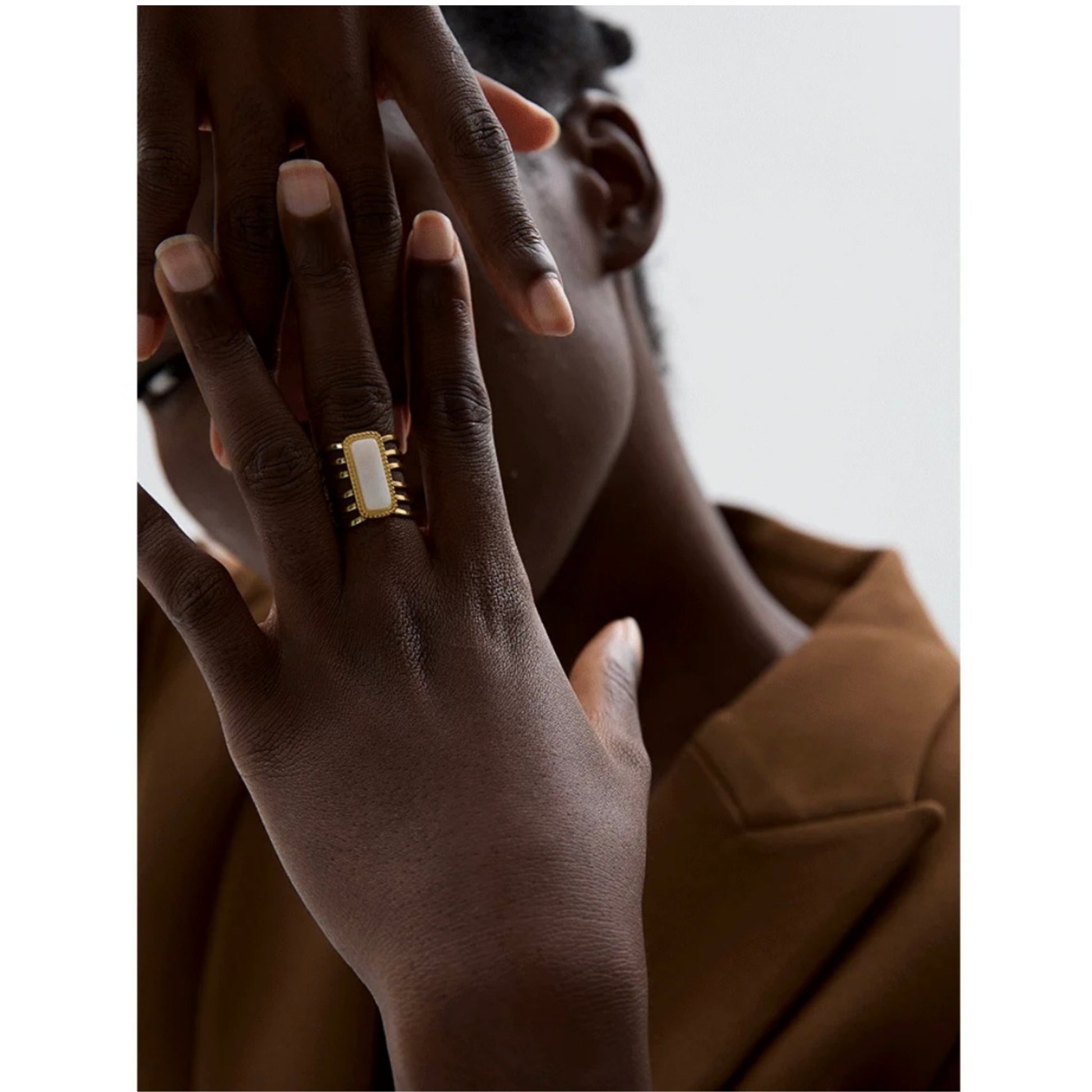Elegant White Stone Hollow Open Ring styled with casual wear, adding a touch of sophistication.