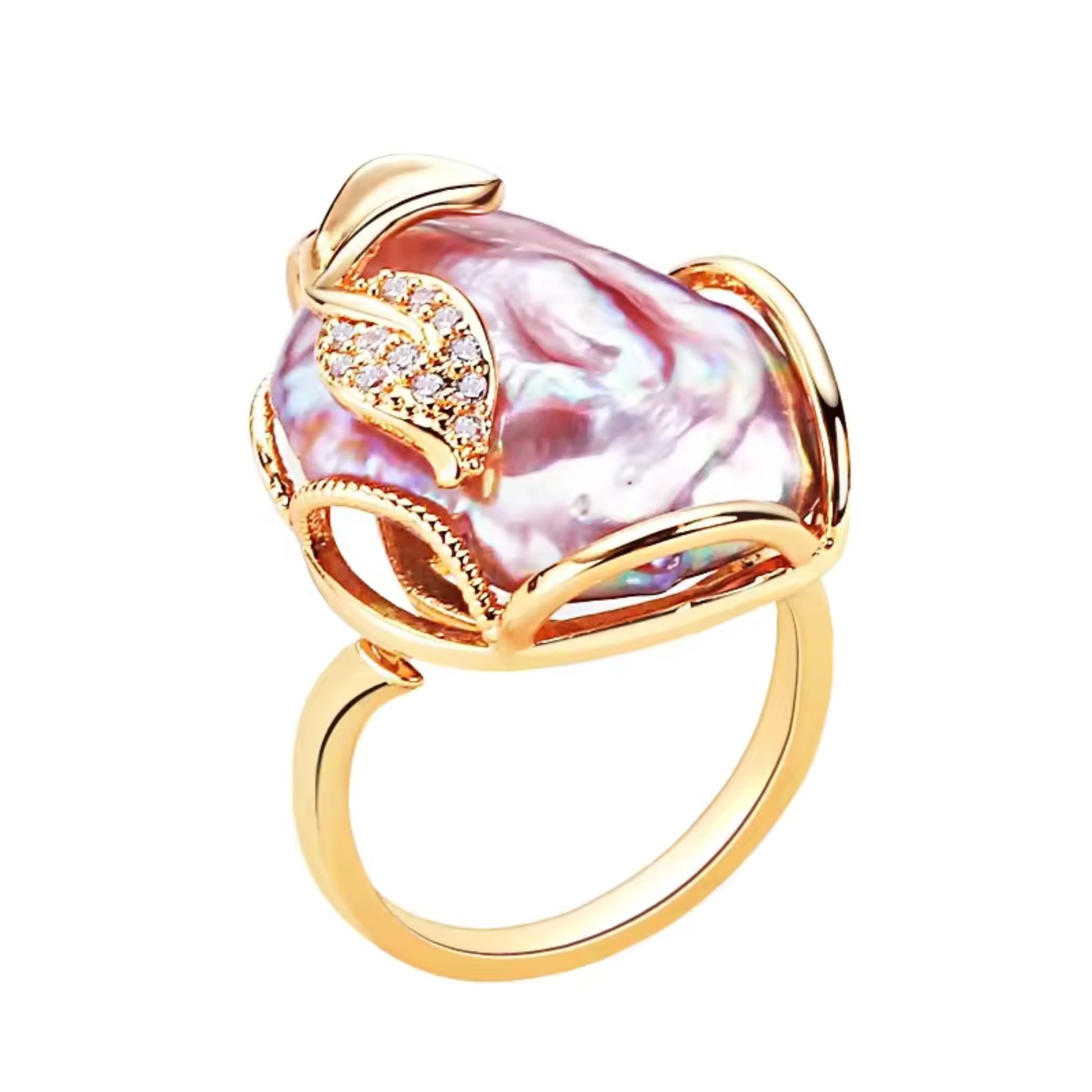 Close-up of the gold-plated ring featuring a purple baroque pearl surrounded by delicate rhinestone-adorned leaves.