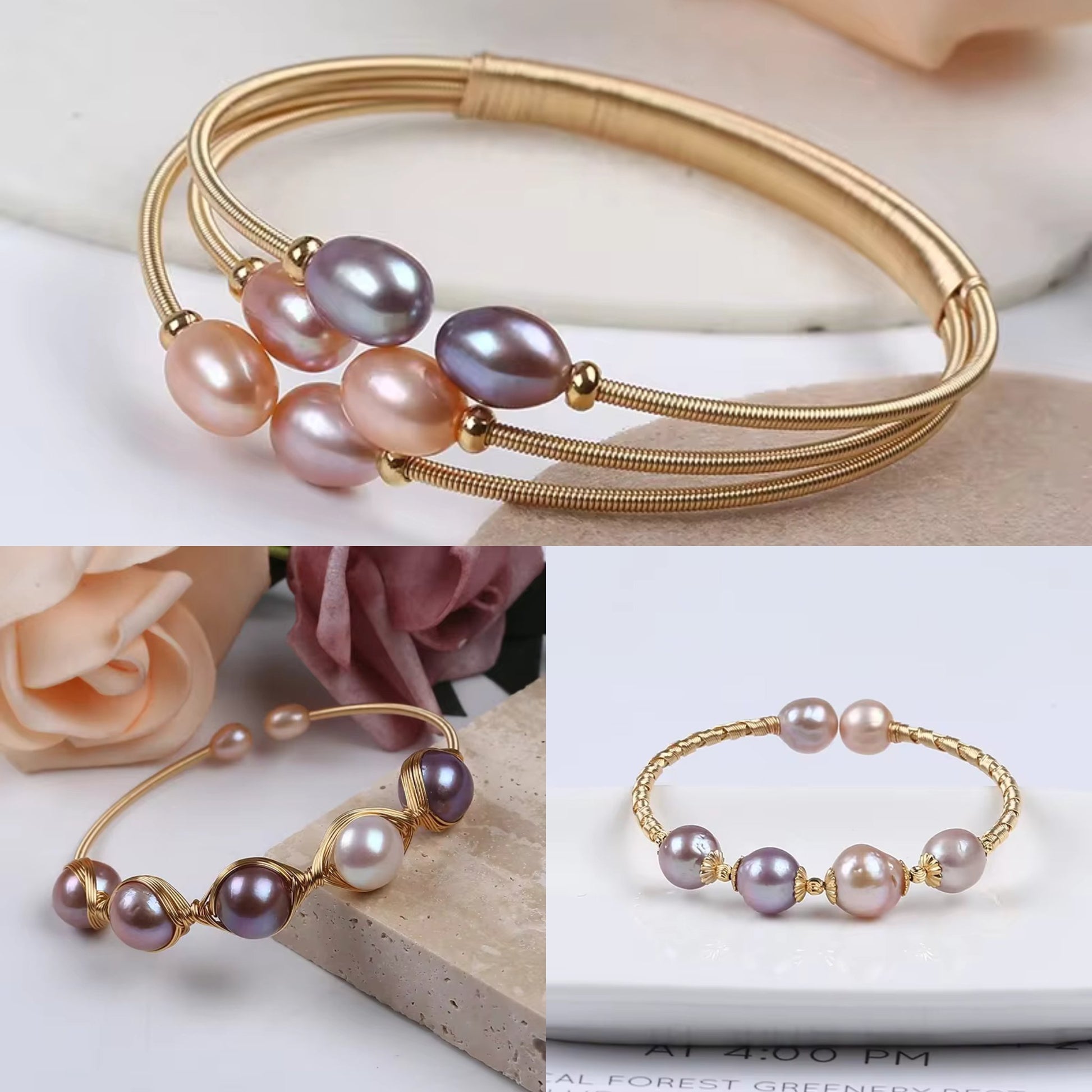 Elegant Pearl Cluster Brass Bracelet Collection