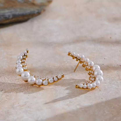 Elegant Pearl & Crystal Crescent Earrings – 18K Gold Plated