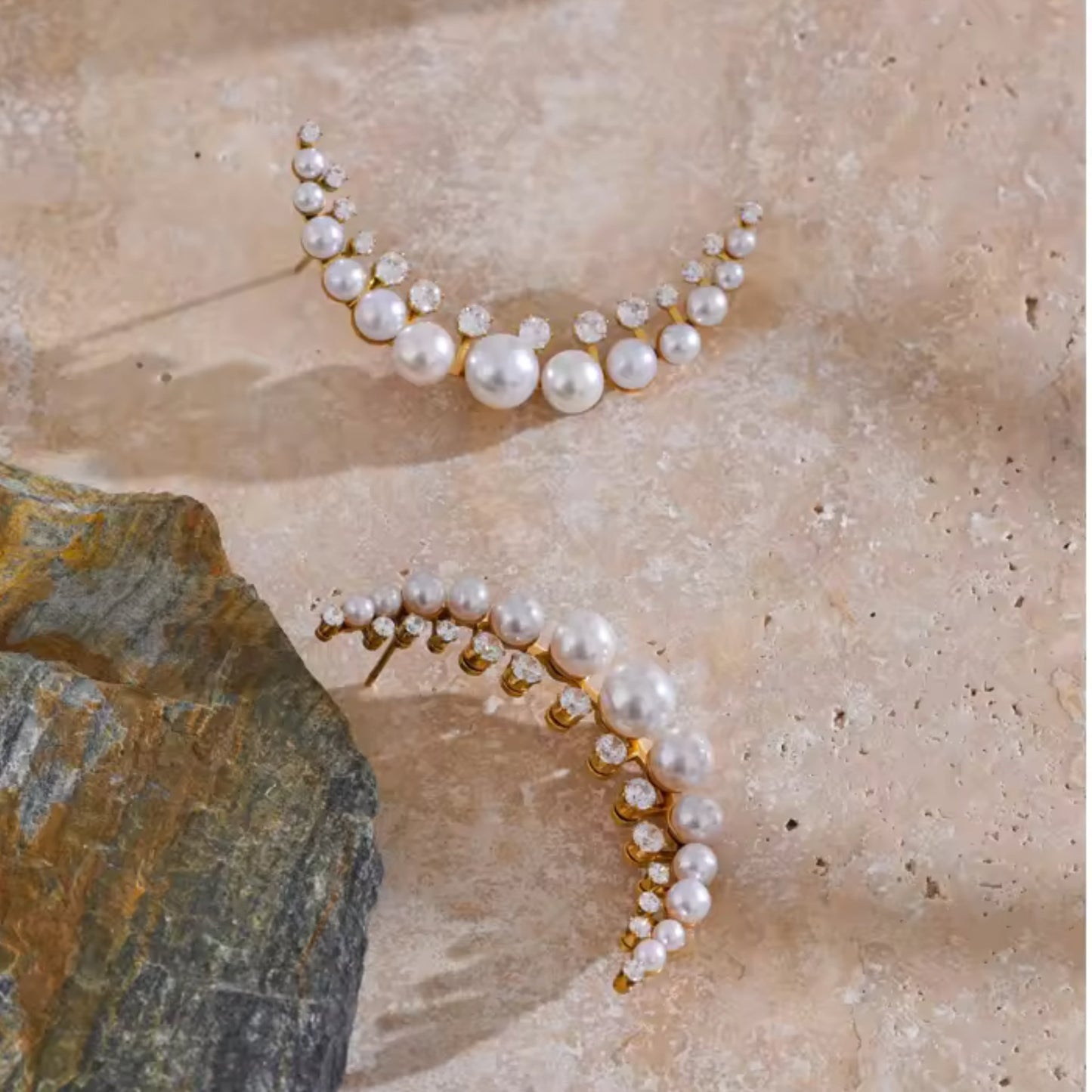 Elegant Pearl & Crystal Crescent Earrings – 18K Gold Plated