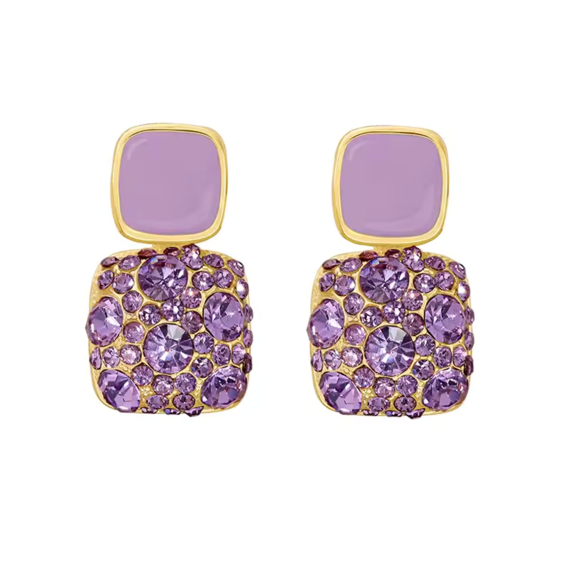 Purple Gold-plated square crystal stud earrings with 925 Sterling Silver needles, featuring dazzling crystals.
