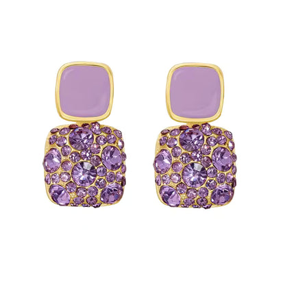 Purple Gold-plated square crystal stud earrings with 925 Sterling Silver needles, featuring dazzling crystals.