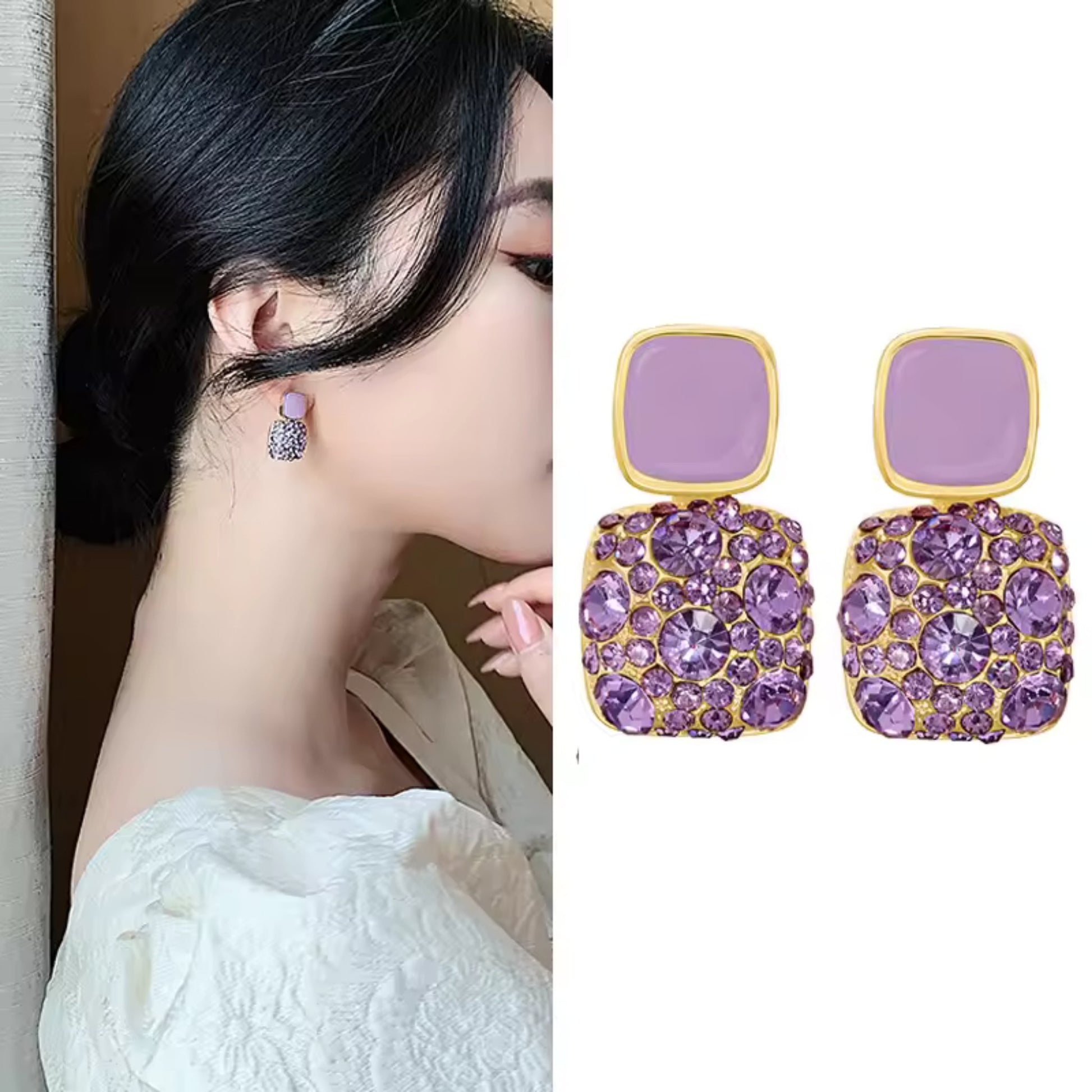 Model wearing the  Gold-plated square crystal stud earrings with 925 Sterling Silver needles, featuring dazzling crystals in purple for a timeless, elegant look