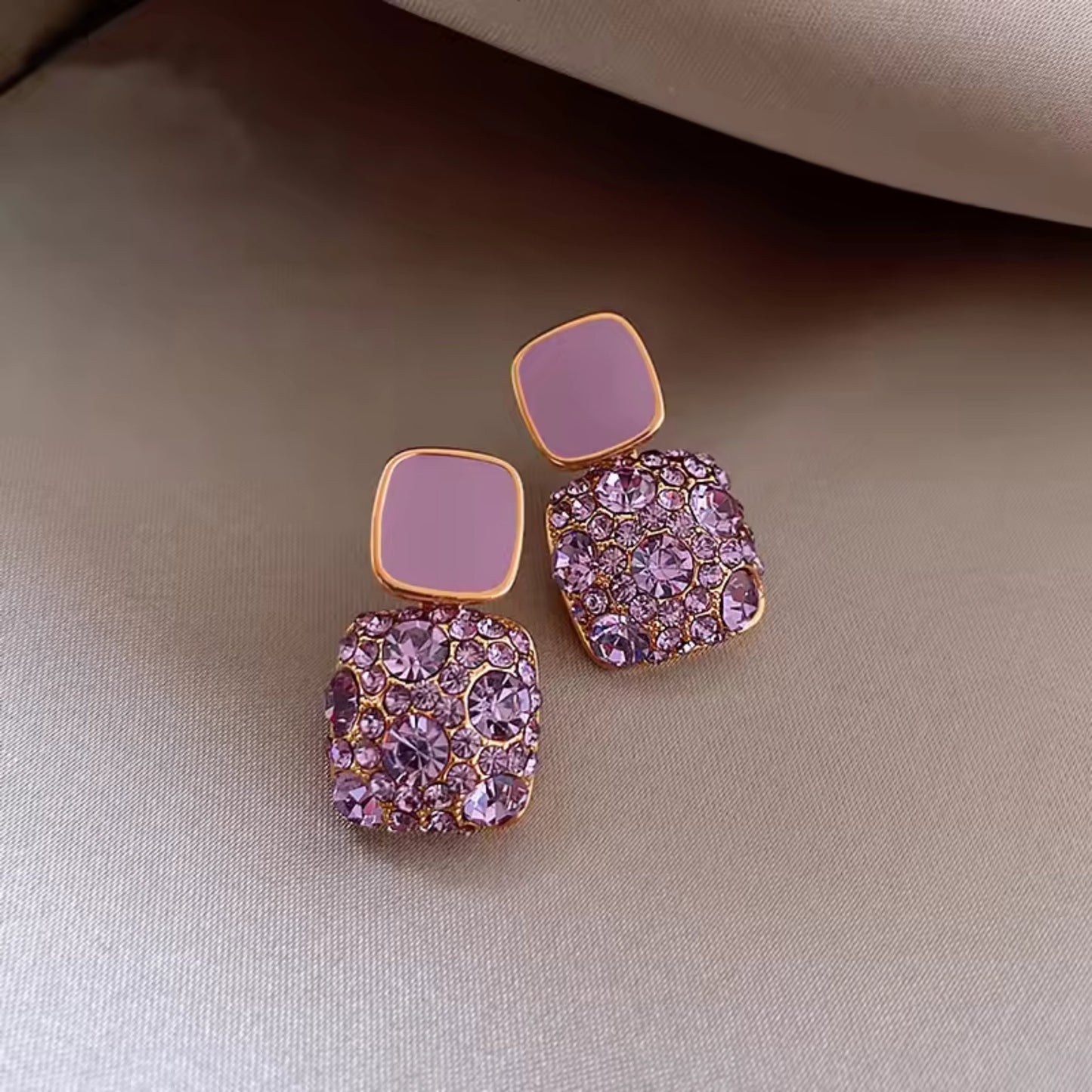 Purple Gold-plated square crystal stud earrings with 925 Sterling Silver needles, featuring dazzling crystals