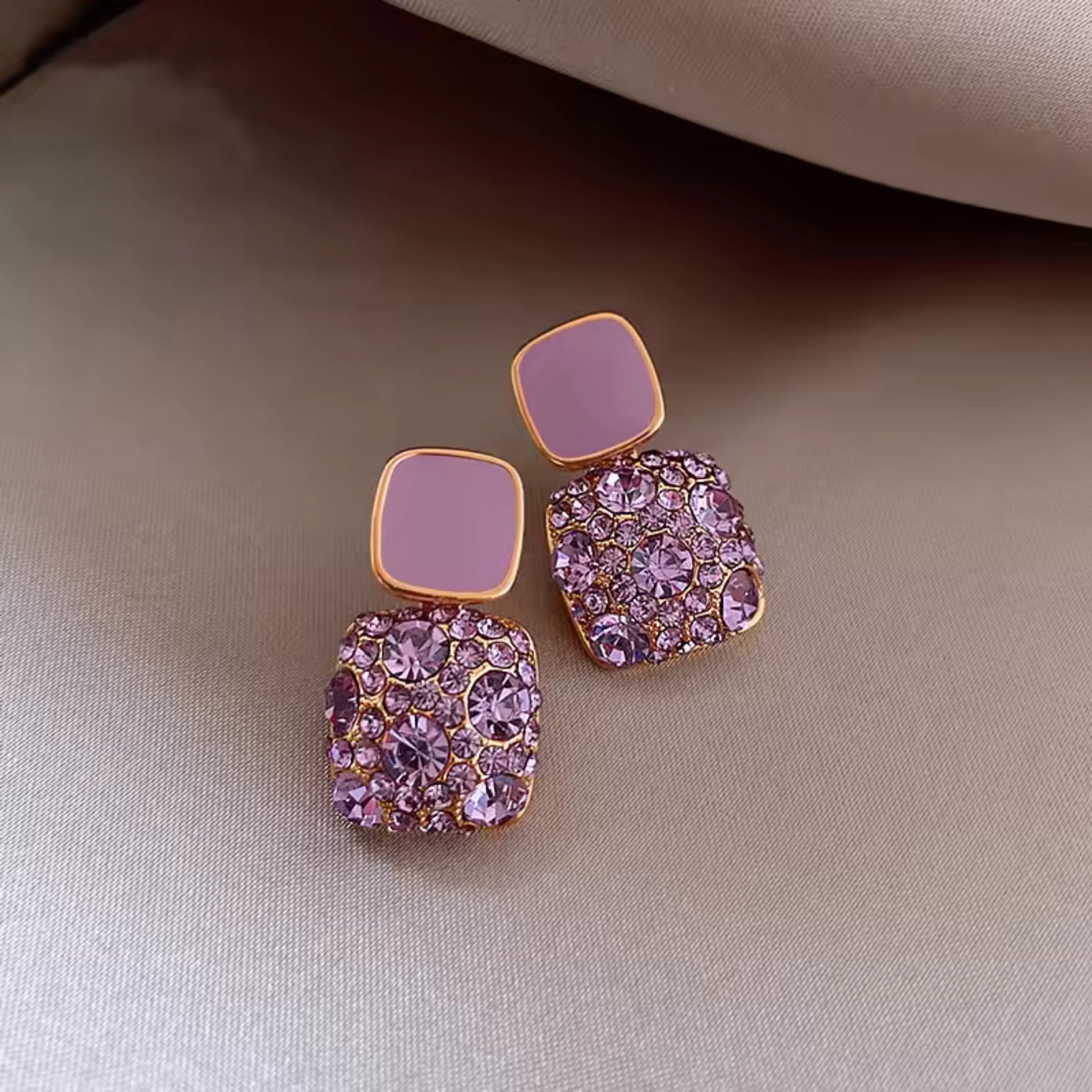 Purple Gold-plated square crystal stud earrings with 925 Sterling Silver needles, featuring dazzling crystals